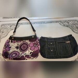 Thirty-One Skirt Purse Purple Floral and Dark Denim Brown Trim Medium Size